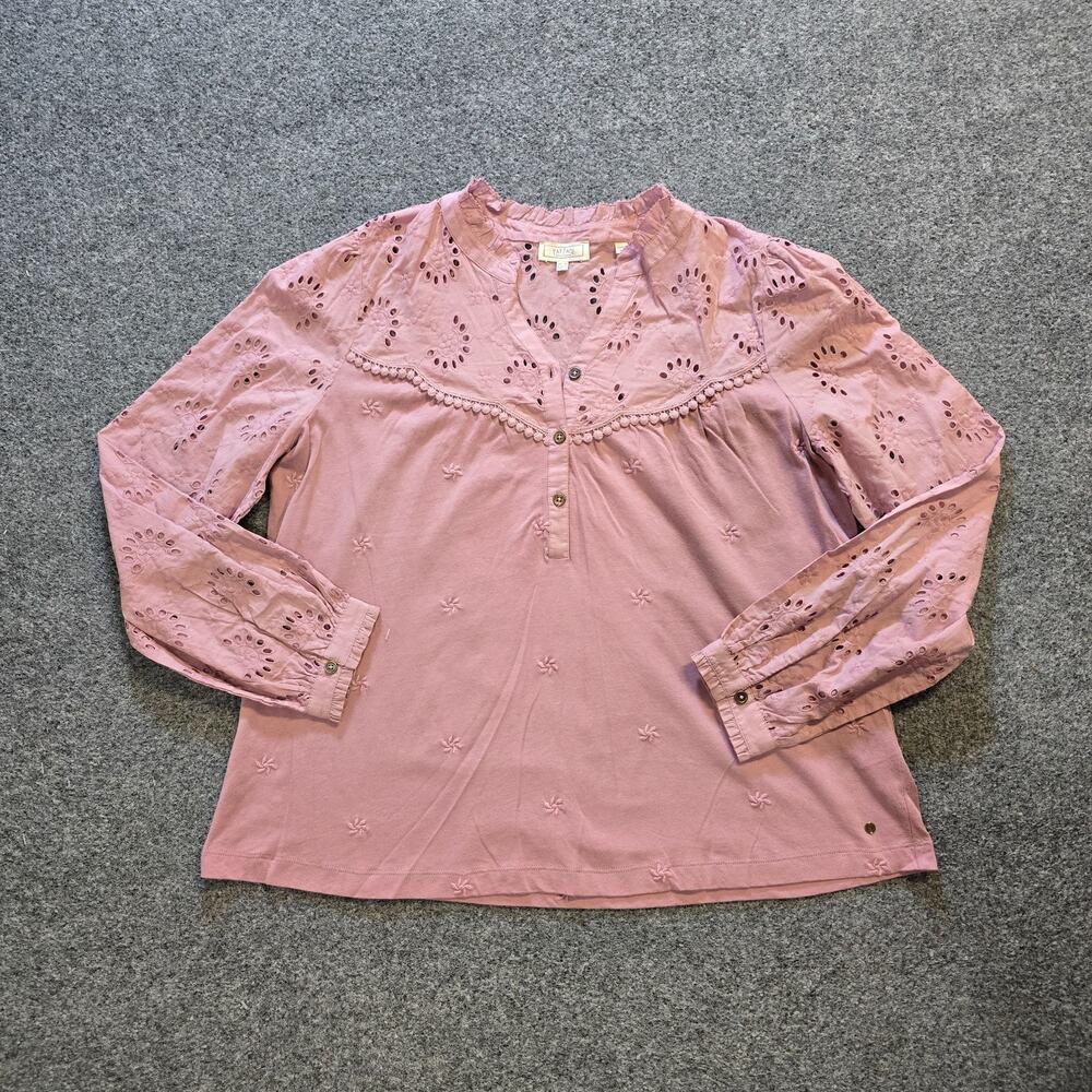 Fat Face Top Womens Size 10 Pink Peasant V Neck Eyelet Lace Sleeve Boho Casual